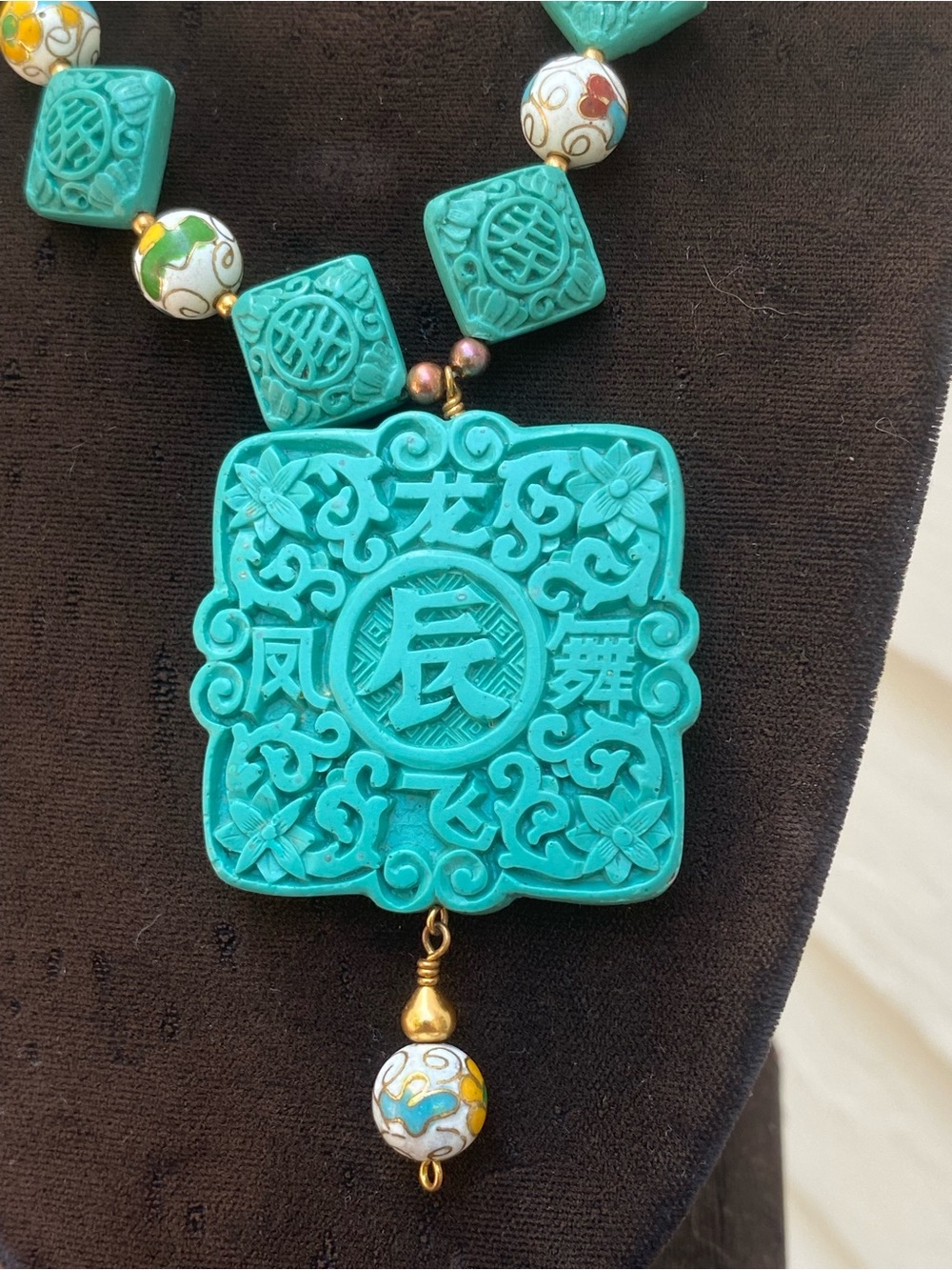 Handcrafted Carved Turquoise f Cinnabar Dragon Pendant, Shou, Cloisonné Necklace - Picture 5 of 15
